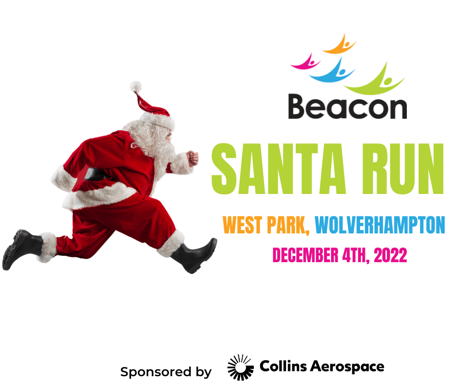This graphic shows a santa running from left to right with the name of the event, location and date in brightly coloured wording on the right