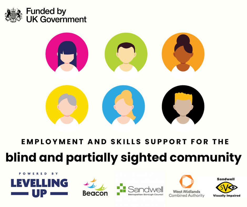 This graphic has a white background with six circular headshot style images of people on brightly coloured backgrounds. Underneath it reads employment and skills support for the blind and partially sighted community in black writing. There are also six logos from the various organisations involved in the project. </p>
<p>
