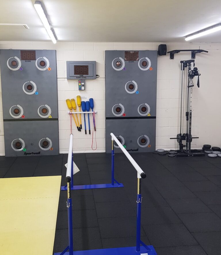 This shows an area in our gym. On the back wall is a reaction board and in the foreground of the image is parallel bars.