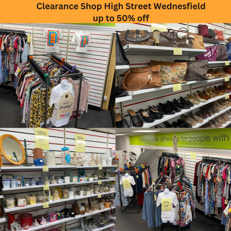 This shows four images from our Wednesfield shop. There's bric-a-brac, clothing, shoes plus much more.