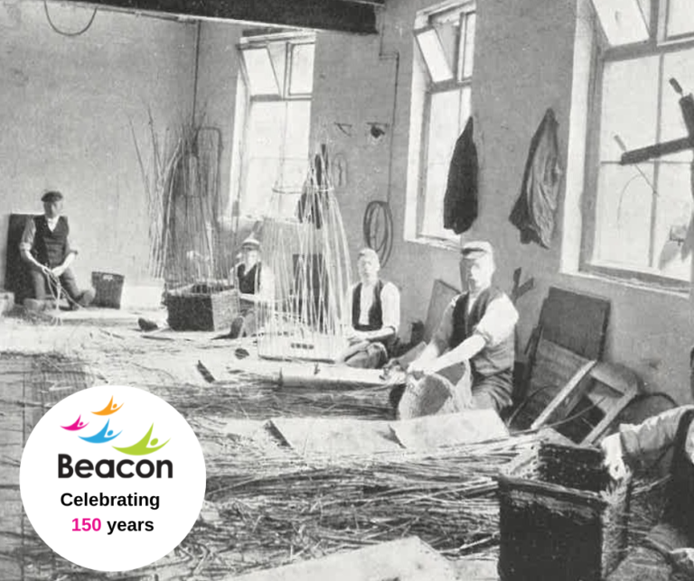 This image shows an old photo from Beacon's archives of men in Victorian times making wicket baskets in a large warehouse space. At the bottom left is the Beacon logo with the words celebrating 150 years.