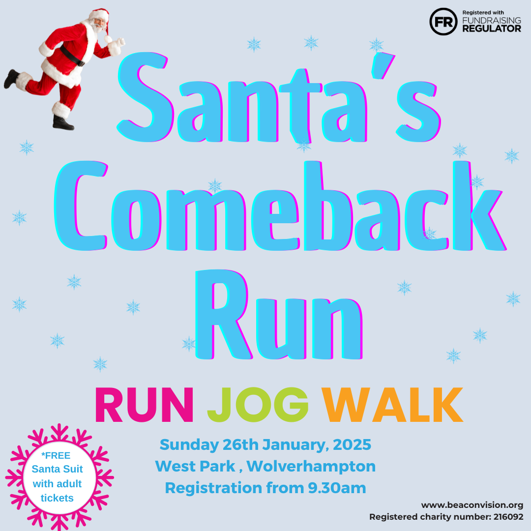 This image reads Santa's Comeback Run, run, jog and walk. There's a running Santa and it is all against a snowflake background.