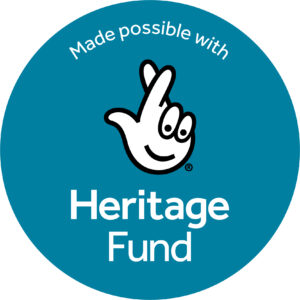National Lottery Heritage Fund logo which is a blue circle with a hand in the middle with fingers crossed and a smiling face on the hand.  Wording says 'made possible with Heritage Fund'.