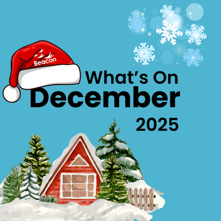 A festive graphic featuring a Santa hat with the word “Beacon” on it, placed above the text “What’s On December 2025”. The background is light blue with white snowflakes in the top right corner. At the bottom, there is a painted winter scene of a snow-covered wooden cabin surrounded by evergreen trees.
