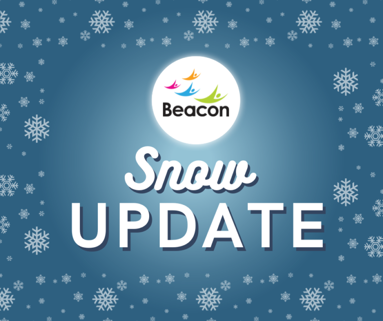 This is a blue image with snowflakes in the border. The Beacon logo is in the middle with the words Snow Update.