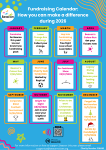This is our fundraising calendar for the year. It's set out like an average calendar with each month and events taking place in the month. The QR code at the bottom links to an audio vertsion.